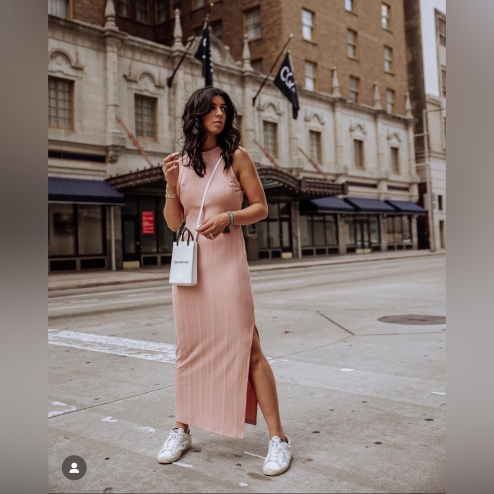 Express Rose Color Sleeveless Ribbed Knit Maxi Dress With Slit